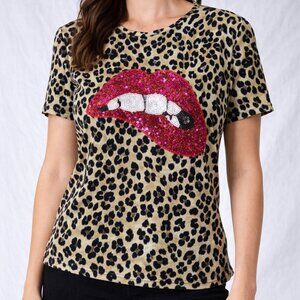 Leopard Animal Print Sequin Lips Graphic Tee Short Sleeve Statement Top Sz Small